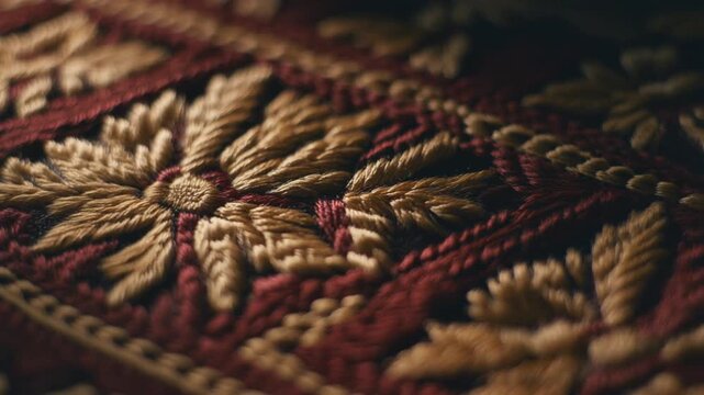 Closeup embroidered floral tapestry texture gold and burgundy fabric