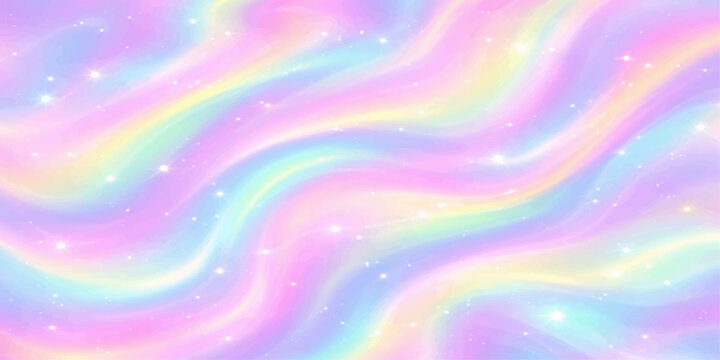 A vibrant abstract background features a colorful rainbow swirl of smooth motion lines and bright fractal curves flowing across a blue and green textured vector wallpaper with stars