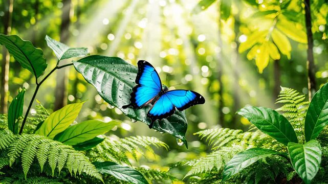 Blue Morpho Butterfly Resting on Leaf in Tropical Rainforest, Sunlight