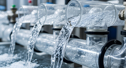 Water filtration and conservation system in modern factory, clean liquid flowing through transparent pipes for industrial processing or ecology concept