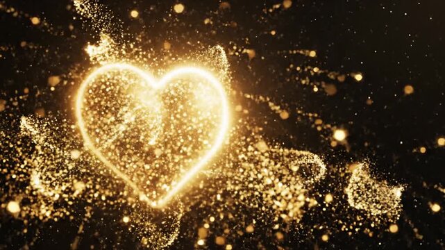 Golden heart surrounded by exploding particles on black background