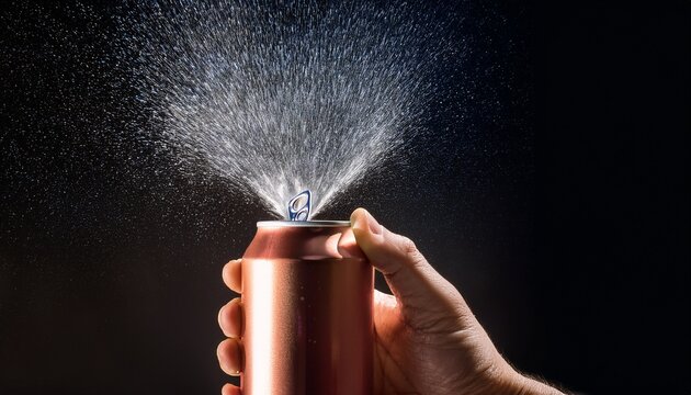 a refreshing soft drink can is opened by a hand releasing a spray against a dark backdrop