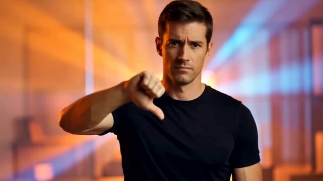 Man in black t-shirt gesturing dislike in orange-lit office