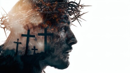 double exposure portrait of Jesus Christ with crown of thorns merging with silhouette of three crosses on calvary on white background