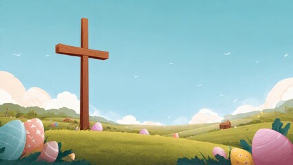 Happy easter day design with holy cross with easter eggs over landscape background vector illustration 