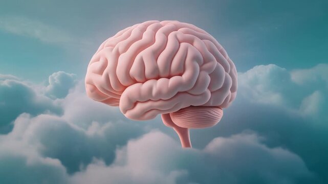 Floating brain above clouds 3d conceptual mental imagination background