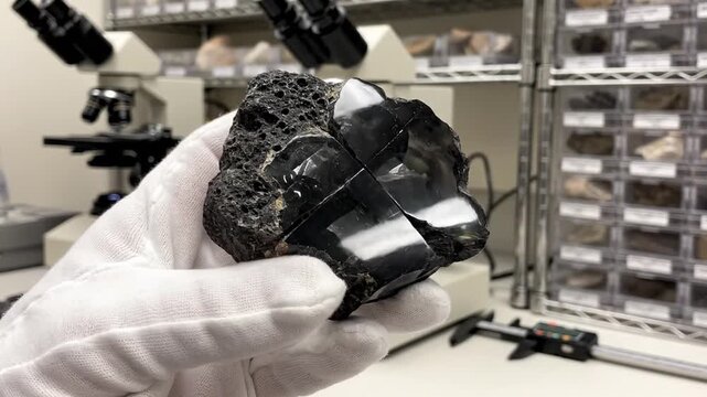 Gloved hand holding a rough, dark meteorite sample in a laboratory setting with microscopes and storage cabinets in the background, possibly for scientific research or educational purposes