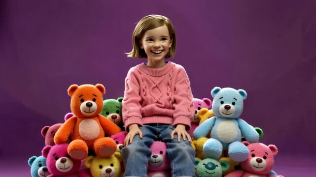 Smiling child surrounded by colorful teddy bears on purple background