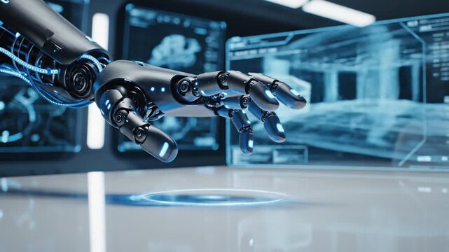 Robotic arm interacting with 3D model on digital interface in modern tech lab