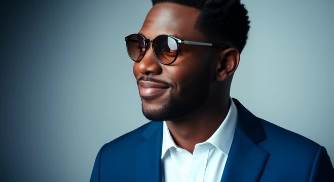 Confident African American Man Smiling Wearing Sunglasses and Blue Suit Jacket