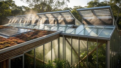 Fototapeta premium Modern greenhouse structure with glass and solar panels