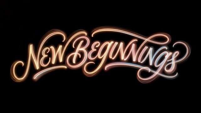Dynamic light painting of the phrase "New Beginnings" in glowing golden cursive trails on a black background for motivation, life changes, and New Year resolutions concept