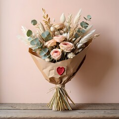 Beautiful bouquet of pink roses and dried flowers wrapped in craft paper on wooden table with red heart wax seal for valentine day or wedding celebration