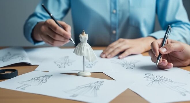 Fashion Designers Sketching Dress Designs at Desk, Model Dress on Display
