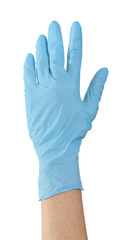 Obraz premium Medical worker with blue glove on white background, closeup
