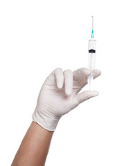 Doctor in protective gloves with syringe on white background, closeup