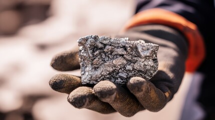 Fototapeta premium Holding raw silver ore while wearing protective gloves in a mining area during daylight hours