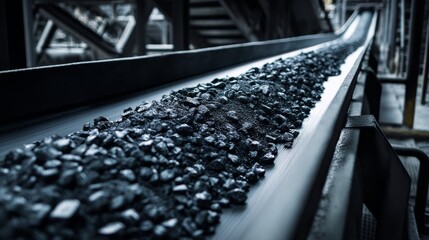 Fototapeta premium Conveyor belt transports coal in processing facility during daytime operations in industrial setting