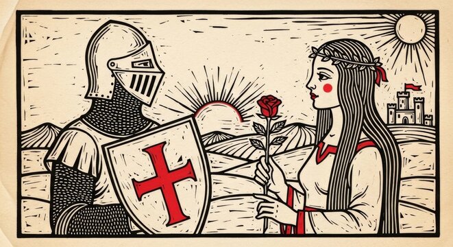 Medieval knight in shining armor offering shield with red cross to fair maiden holding red rose in sunlit field with distant castle and rolling hills woodcut style illustration