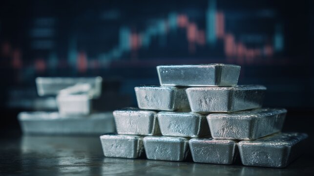 Stacked ingots in front of a blurred trading chart showing market activity and silver price movements
