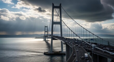 Fototapeta premium American Patriotism: Suspension Bridge With Traffic Under Dramatic Clouds and Sunbeams