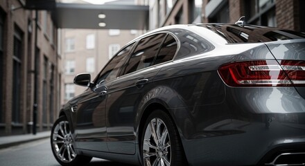 Sleek luxury gray sedan parked on urban street. Low-angle view highlighting modern car design, metallic finish, and city architecture business mobility.