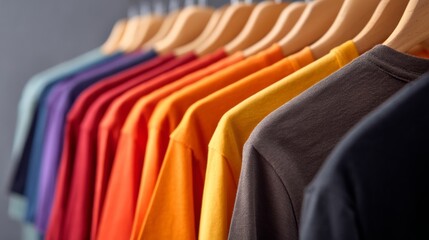 Fototapeta premium T-shirt collection displayed in gradient colors at clothing store on a bright day