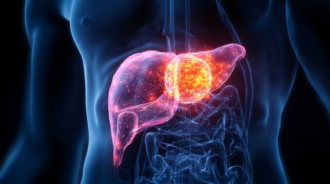 Visualization shows glowing tumor mass in pancreas area to highlight pancreatic cancer effects on the body