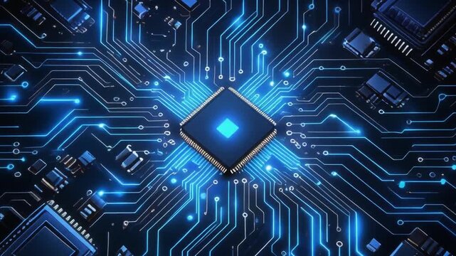 Glowing blue microchip on a circuit board with bright lights and wires in a futuristic technology background for innovation and electronics concept
