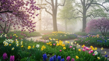 Fototapeta premium Spring garden path blossoming flowers and trees floral landscape