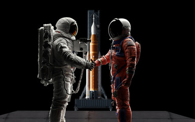 Two astronauts from different eras shaking hands against a space rocket SLS background, symbolizing the connection between historic and modern lunar exploration missions - Artemis and Apollo