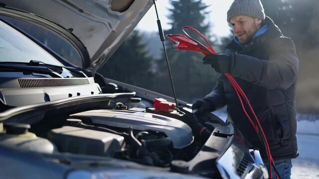 A man's gloved hands hold clamps with wires near a battery, near the open hood of a car, in winter