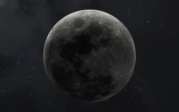 Highly detailed full moon sphere showing craters and surface textures against a dark starry space background, perfect for astronomical concepts