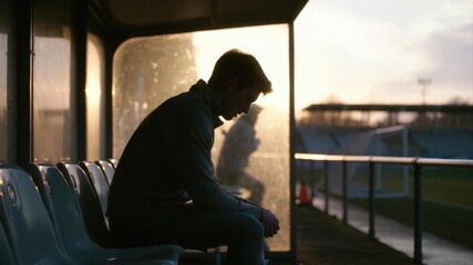 Sad young athlete sitting on bench at sunset after game