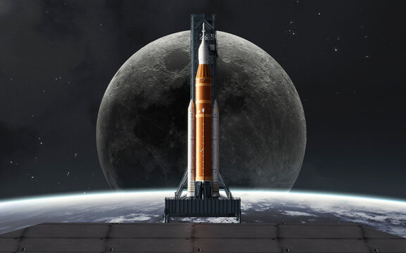 The Artemis II Space Launch System (SLS) mega-rocket awaits launch on the pad with the Moon centered behind its tip, symbolizing humanity's return to the lunar surface
