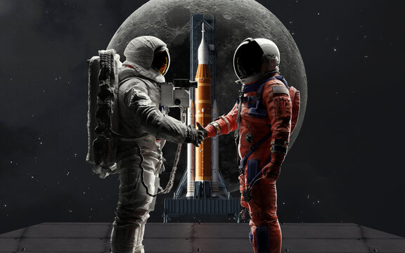 Two astronauts from different eras shaking hands, symbolizing the connection between historic and modern lunar exploration missions - Artemis and Apollo