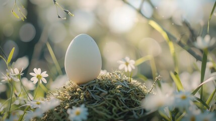 Minimalist spring composition with single white egg on moss surrounded by delicate daisies, soft natural light and shallow depth of field, Easter concept