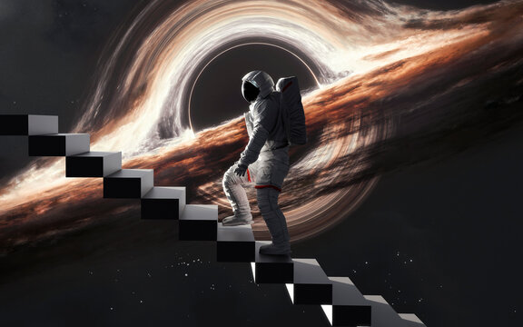 An astronaut climbing a staircase in outer space with Black hole in the background, symbolizing career growth, personal progress, and future exploration