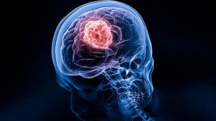X-ray visualization showing a brain tumor glowing in a detailed scan of the human head and neck structure during medical examination