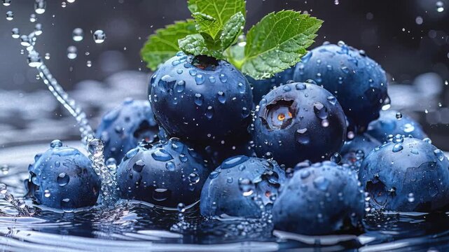 Close-up of blueberries, wet and glistening, on light background with mint leaf Contrasting colors, water droplets reflecting light, high-resolution macro photography style - AI-Generated