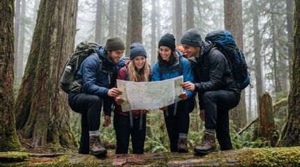 Happy friends hiking in misty forest looking at map. Hikers with backpacks navigating woods. Outdoor adventure travel concept. Active lifestyle trekking journey nature. Teamwork route.