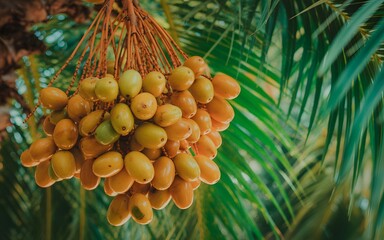 A cluster of ripe dates hanging from a palm tree in a lush green environment