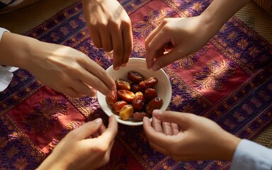 Several people sharing a bowl of dates on a colorful patterned rug together