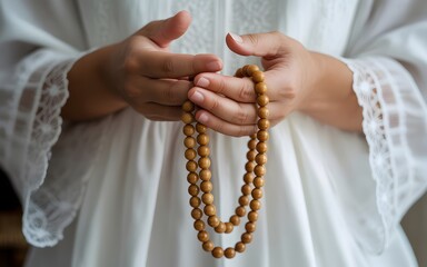 A person holds a wooden rosary in their hands with a white garment