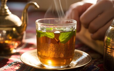 A steaming cup of tea with mint leaves on a decorative saucer and tablecloth