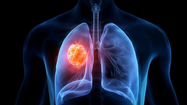 X-ray shows human lungs with a highlighted area indicating possible tumor presence in the right lung region