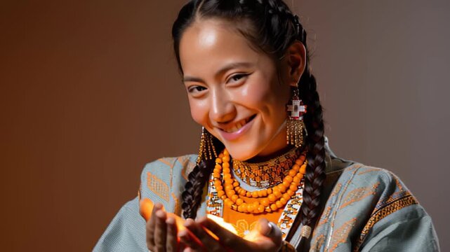 Ethereal glow: woman in traditional attire holding enchanted light with a tranquil smile