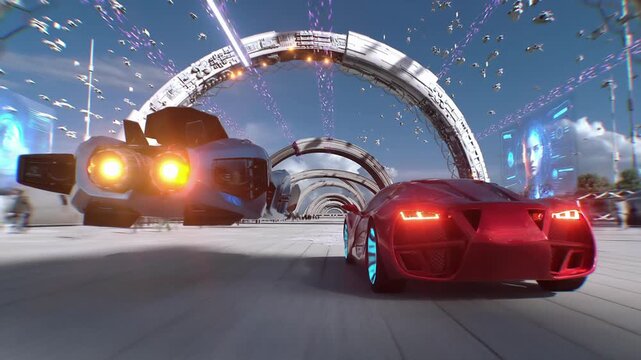 Futuristic red sport car and flying car driving fast, overtaking each other on a futuristic city. pursuit. Concept of future. 