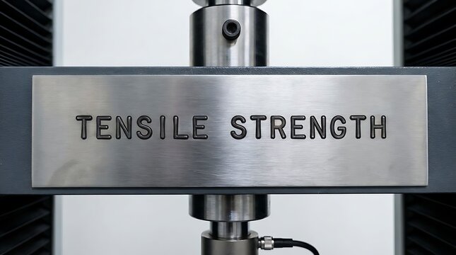 Close up of a tensile strength testing machine with the words tensile strength engraved on a metal plate.