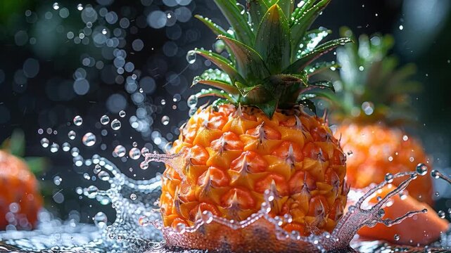 Close-up still life photograph of several ripe pineapples in slow motion, against a blurred wet background with water droplet reflections Bright lighting creates contrast and a dynamic - AI-Generated